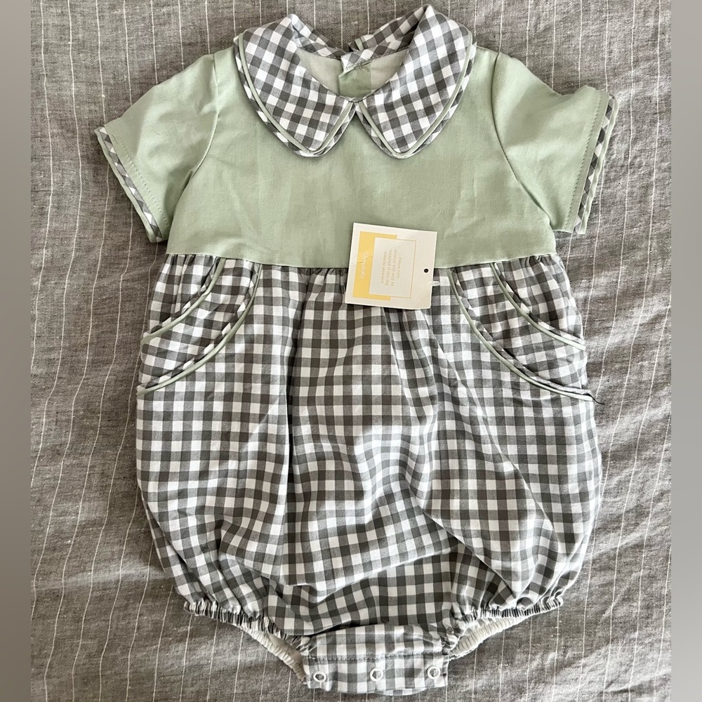 Dondolo Bubble One-Piece Bodysuit in Sage and Grey Gingham - never worn!